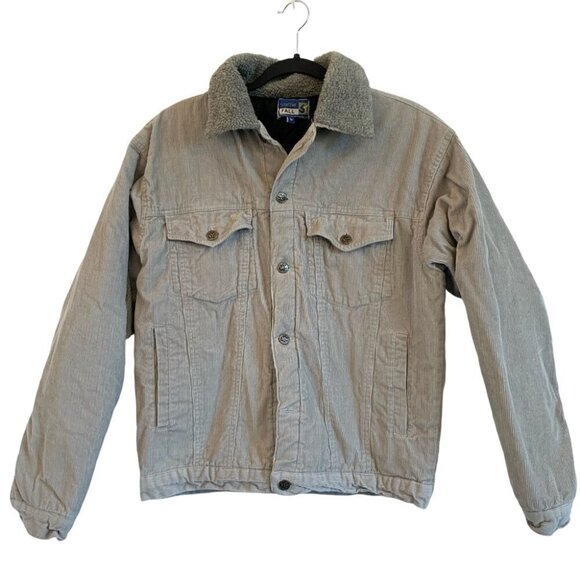 Snow Falls Jacket Womens Medium Grey Beige Corduroy Quilted Lined Sherpa Collar - Picture 1 of 11